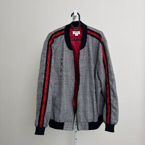 Checkered Zip-Up Jacket with Bold Red Accents